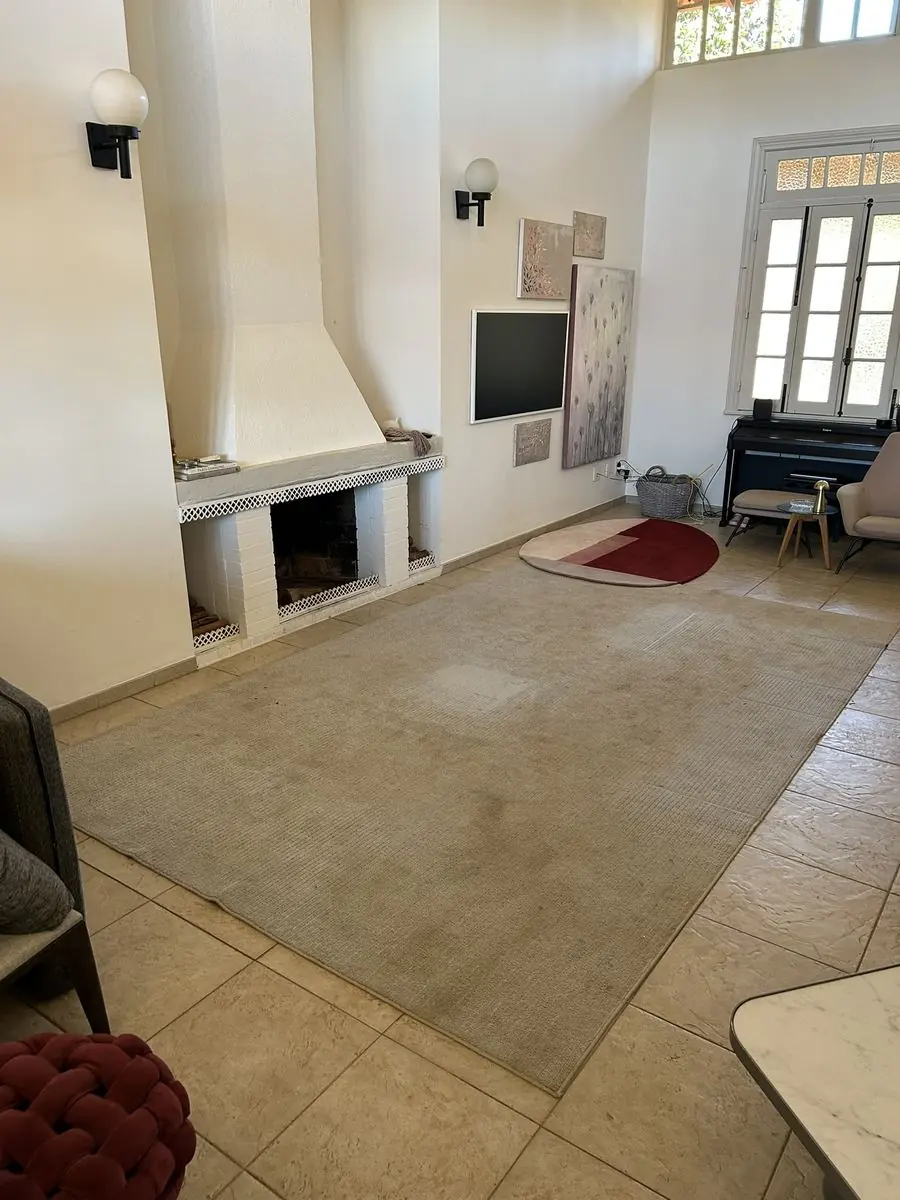 Antes: tapete claro encardido na sala com lareira